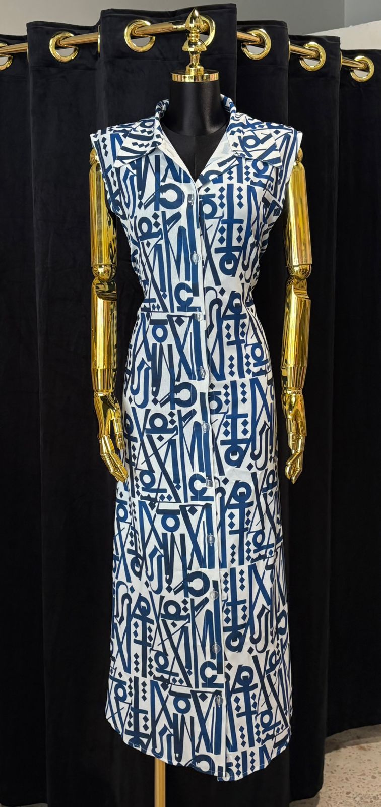 Indigo Script Maxi Shirt Dress